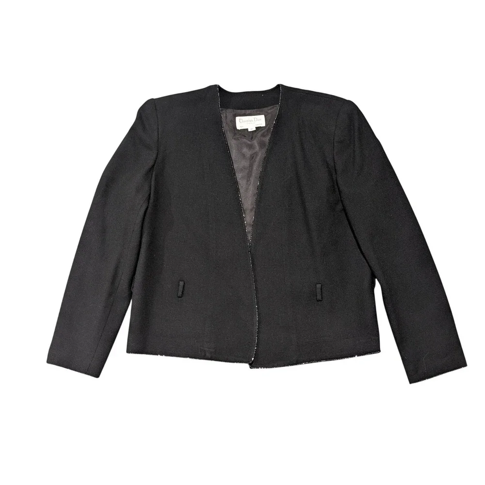 Christian Dior The Suit Vintage Black 100% Wool Beaded Trim Blazer Jacket 10